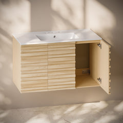 Wall-Mounted Bathroom Vanity, Cascade, 36 in with Ceramic Top in Natural Oak