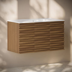 Wall-Mounted Bathroom Vanity, Cascade, 36 in with Sink Top in Brown Oak
