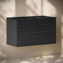 Wall-Mounted Bathroom Vanity, Cascade, 36 Inch with 3 Doors in Black Oak