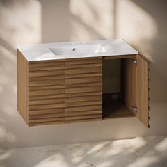 Wall-Mounted Bathroom Vanity, Cascade, 36 Inch with 3 Doors in Brown Oak
