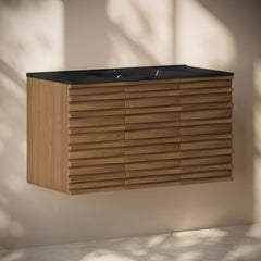 Wall-Mounted Bathroom Vanity, Cascade, 36 Inch with Black Sink Top in Brown Oak
