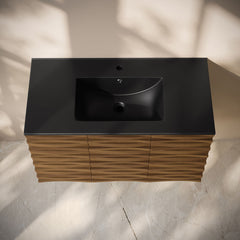 Wall-Mounted Bathroom Vanity, Cascade, 36 Inch with Black Sink Top in Brown Oak
