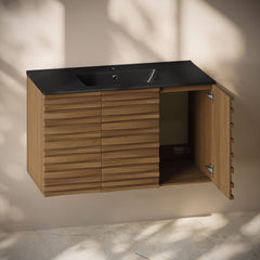 Wall-Mounted Bathroom Vanity, Cascade, 36 Inch with Black Sink Top in Brown Oak