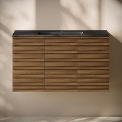 Wall-Mounted Bathroom Vanity, Cascade, 36 Inch with Black Sink Top in Brown Oak