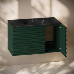 Wall-Mounted Bathroom Vanity, Cascade, 36 Inch with Ceramic Top in Green Oak
