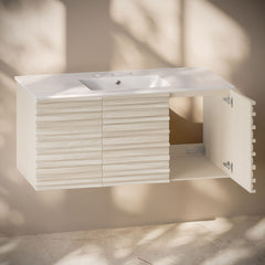Wall-Mounted Bathroom Vanity, Cascade, 48 Inch with Ceramic Top in White Oak