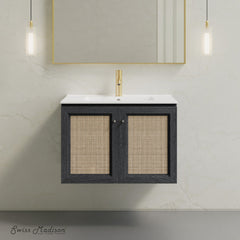 Wall-Mounted Bathroom Vanity, Classe, 30 In with Ceramic Top in Black Oak