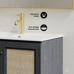 Wall-Mounted Bathroom Vanity, Classe, 30 In with Ceramic Top in Black Oak