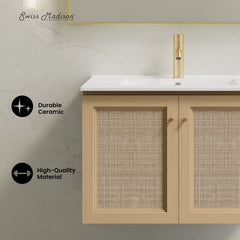 Wall-Mounted Bathroom Vanity, Classe, 30 Inch with Ceramic Top in Natural Oak