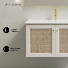 Wall-Mounted Bathroom Vanity, Classe, 36 in, Single Faucet Hole in White Oak