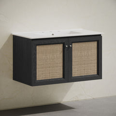 Wall-Mounted Bathroom Vanity, Classe, 36 in with Widespread Faucet Holes in Black Oak