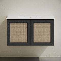 Wall-Mounted Bathroom Vanity, Classe, 36 in with Widespread Faucet Holes in Black Oak
