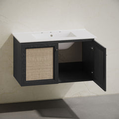 Wall-Mounted Bathroom Vanity, Classe, 36 in with Widespread Faucet Holes in Black Oak