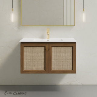 Wall-Mounted Bathroom Vanity, Classe, 36 Inch with Ceramic Top in Brown Oak