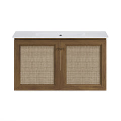 Wall-Mounted Bathroom Vanity, Classe, 36 Inch with Ceramic Top in Brown Oak