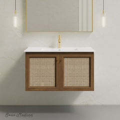 Wall-Mounted Bathroom Vanity, Classe, 36 Inch with Ceramic Top in Brown Oak