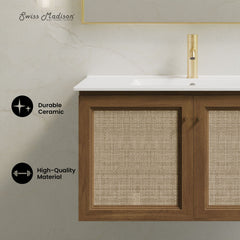 Wall-Mounted Bathroom Vanity, Classe, 36 Inch with Ceramic Top in Brown Oak