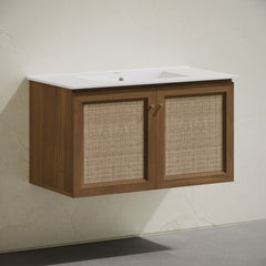 Wall-Mounted Bathroom Vanity, Classe, 36 Inch with Ceramic Top in Brown Oak