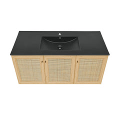 Wall-Mounted Bathroom Vanity, Classe, 48 Inch with Black Sink Top in Natural Oak