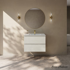 Wall-Mounted Bathroom Vanity, Liberte, 2 Drawers with Sink Top in White Oak
