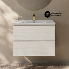 Wall-Mounted Bathroom Vanity, Liberte, 2 Drawers with Sink Top in White Oak