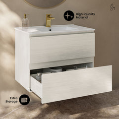 Wall-Mounted Bathroom Vanity, Liberte, 2 Drawers with Sink Top in White Oak