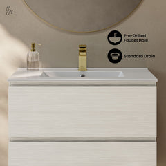 Wall-Mounted Bathroom Vanity, Liberte, 2 Drawers with Sink Top in White Oak
