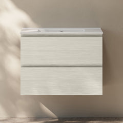 Wall-Mounted Bathroom Vanity, Liberte, 2 Drawers with Sink Top in White Oak