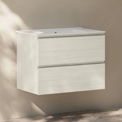 Wall-Mounted Bathroom Vanity, Liberte, 2 Drawers with Sink Top in White Oak