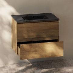 Wall-Mounted Bathroom Vanity, Liberte, 30 Inch with 2 Drawers in Brown Oak