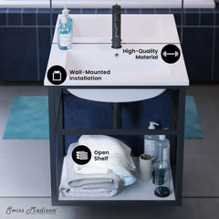 Wall-Mounted Bathroom Vanity, Pierre, 24 Single with Open Shelf in Matte Black