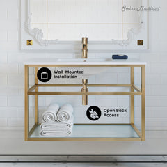 Wall-Mounted Bathroom Vanity, Pierre, 36 in with Open Shelf in Gold