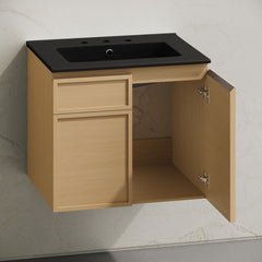 Wall-Mounted Bathroom Vanity, St. Tropez, 24 in Ceramic Top in Natural Oak