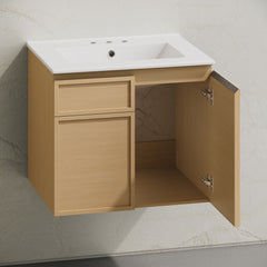 Wall-Mounted Bathroom Vanity, St. Tropez, 24 in with Ceramic Top in Natural Oak