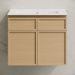 Wall-Mounted Bathroom Vanity, St. Tropez, 24 in with Ceramic Top in Natural Oak
