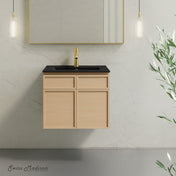Wall-Mounted Bathroom Vanity, St. Tropez, 24 Inch with Black Sink Top in Natural Oak