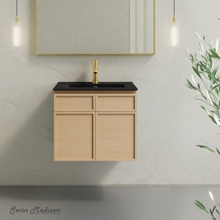 Wall-Mounted Bathroom Vanity, St. Tropez, 24 Inch with Black Sink Top in Natural Oak
