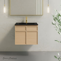 Wall-Mounted Bathroom Vanity, St. Tropez, 24 Inch with Black Sink Top in Natural Oak