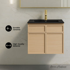 Wall-Mounted Bathroom Vanity, St. Tropez, 24 Inch with Black Sink Top in Natural Oak