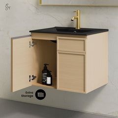 Wall-Mounted Bathroom Vanity, St. Tropez, 24 Inch with Black Sink Top in Natural Oak