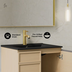 Wall-Mounted Bathroom Vanity, St. Tropez, 24 Inch with Black Sink Top in Natural Oak