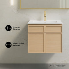 Wall-Mounted Bathroom Vanity, St. Tropez, 24 Inch with Sink Top in Natural Oak