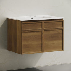 Wall-Mounted Bathroom Vanity, St. Tropez, 30 in with Ceramic Top in Brown Oak