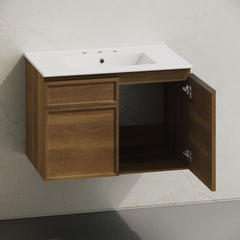 Wall-Mounted Bathroom Vanity, St. Tropez, 30 in with Ceramic Top in Brown Oak