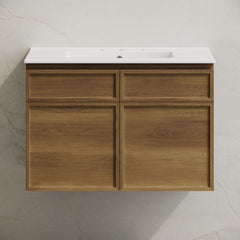 Wall-Mounted Bathroom Vanity, St. Tropez, 30 in with Ceramic Top in Brown Oak