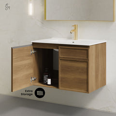 Wall-Mounted Bathroom Vanity, St. Tropez, 30 in with Sink Top in Brown Oak