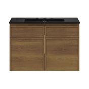Wall-Mounted Bathroom Vanity, St. Tropez, 30-Inch with Black Sink Top in Brown Oak