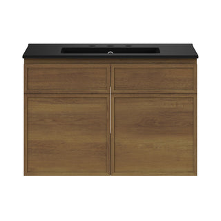 Wall-Mounted Bathroom Vanity, St. Tropez, 30-Inch with Black Sink Top in Brown Oak