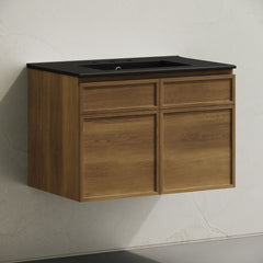 Wall-Mounted Bathroom Vanity, St. Tropez, 30-Inch with Black Sink Top in Brown Oak