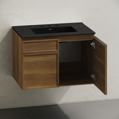 Wall-Mounted Bathroom Vanity, St. Tropez, 30-Inch with Black Sink Top in Brown Oak